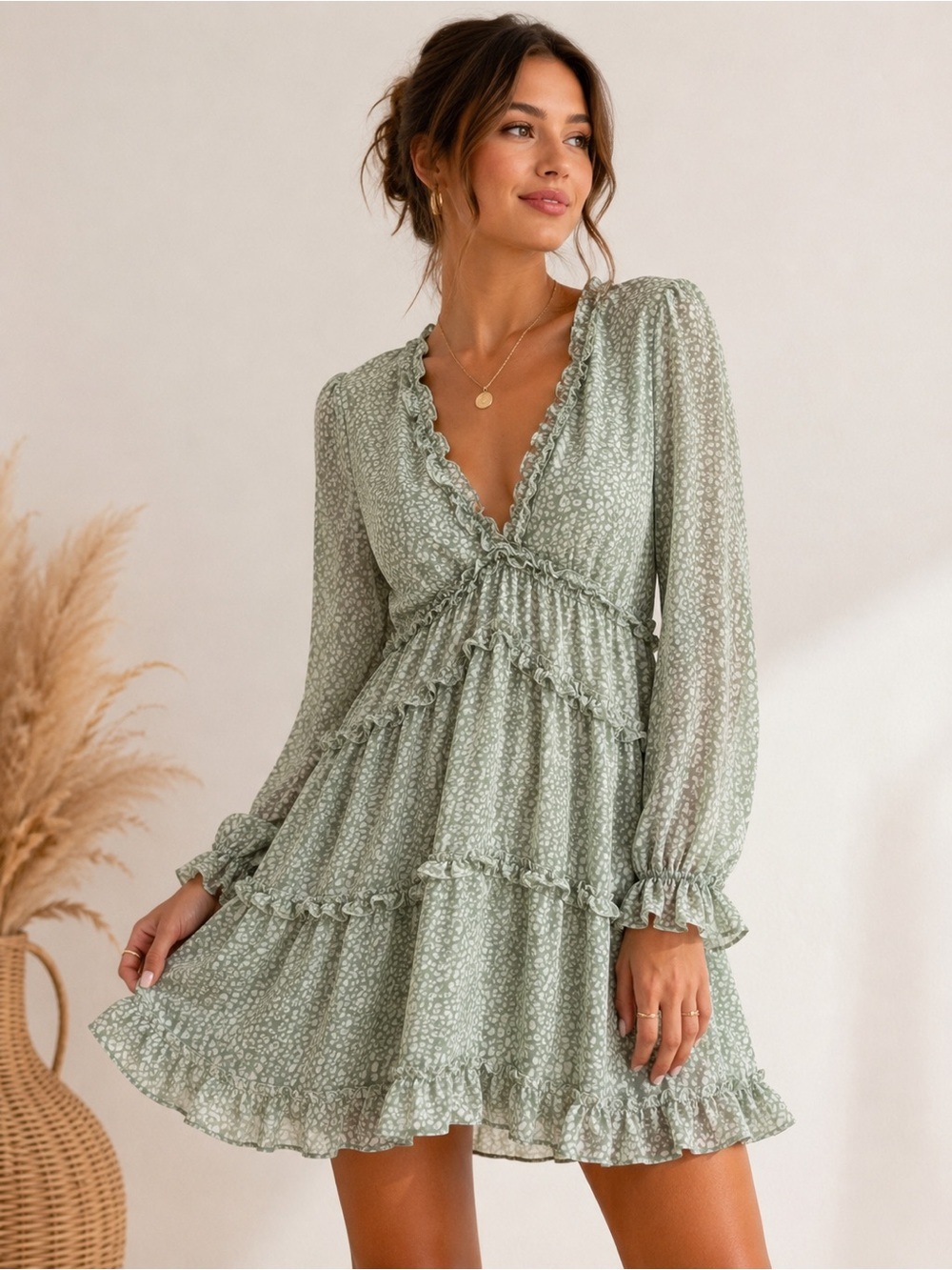 Sage Green Ruffle Tiered Garden Party Mini Dress XL Boho Cottagecore Open Back